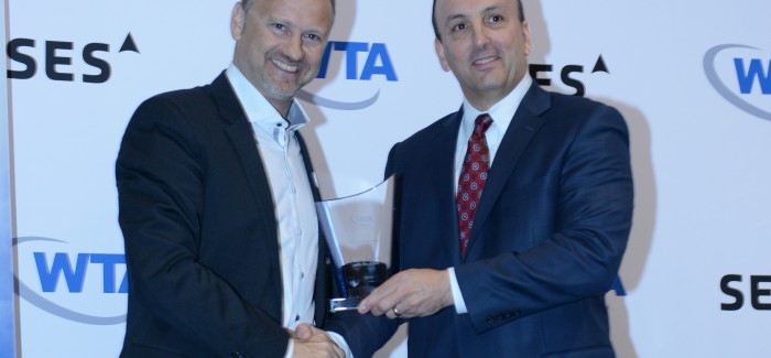 Serge Van Herck, CEO of Newtec, accepting the WTA ‘Teleport Technology of the Year Award’ on behalf of Newtec Newtec Wins WTA Teleport Technology of the Year Award